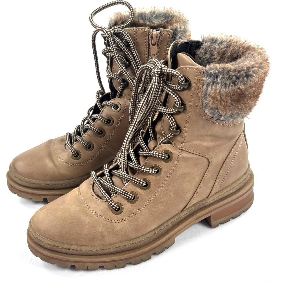 Steve Madden Combat Ankle Boots Brown Tan Faux Fur Trim Gorpcore Grunge Earthy 7